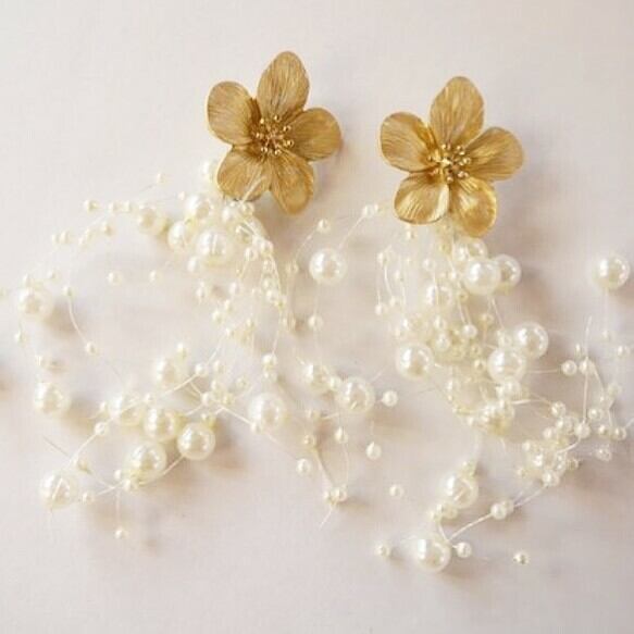 大ぶりピアス 花 ビーズタッセルピアス シャワーパールピアス パールシャワーピアス フラワー ゴールド Aile Bouquet