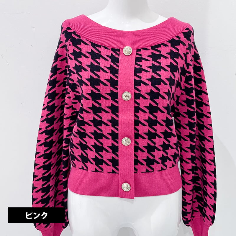 オフショル千鳥柄金ボタンニット レディース 千鳥柄 トップス オフ