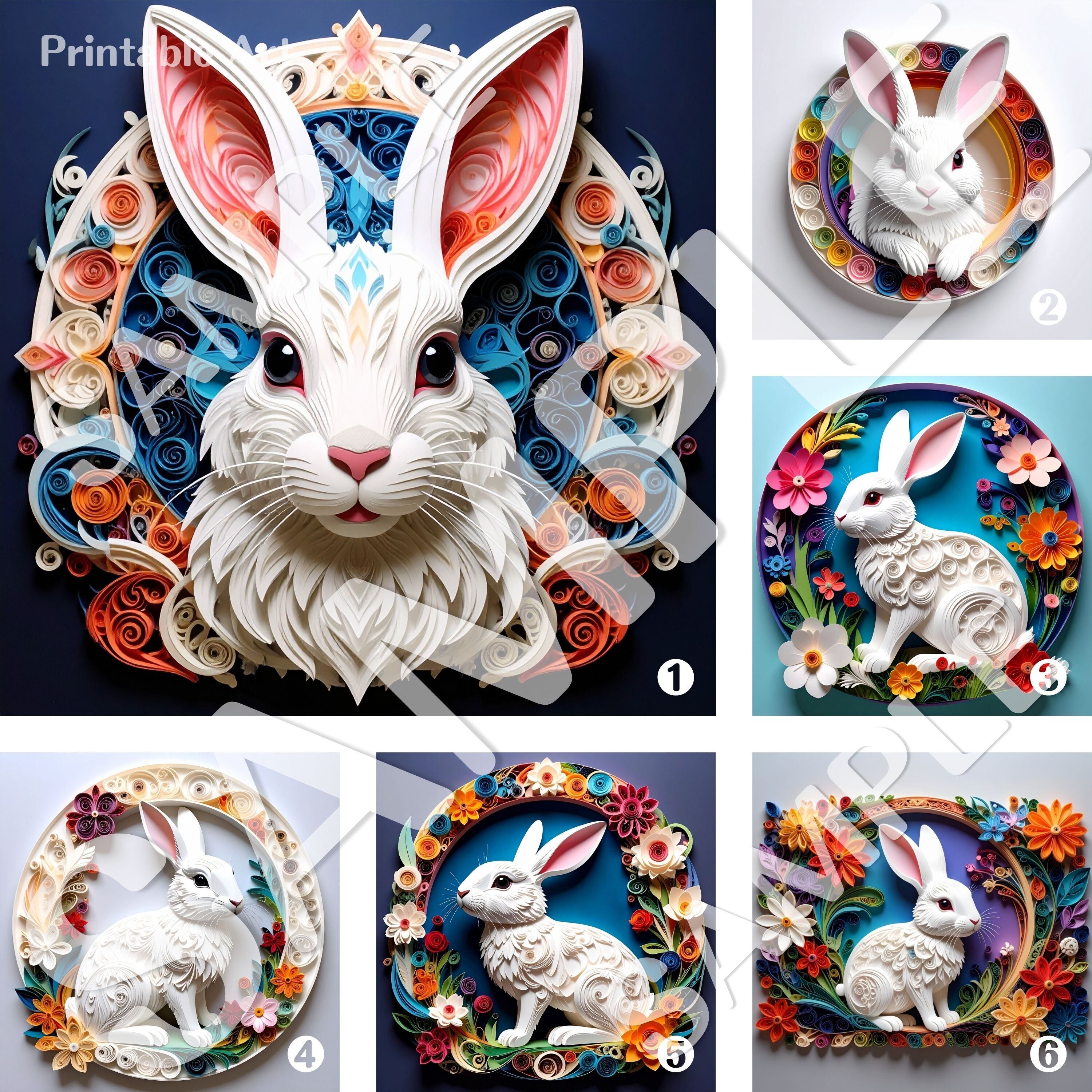 【ダウンロード専用】Printable Wall Art Bunny Papercut Style Set of 6|ペーパーカット風うさぎアート6種セット