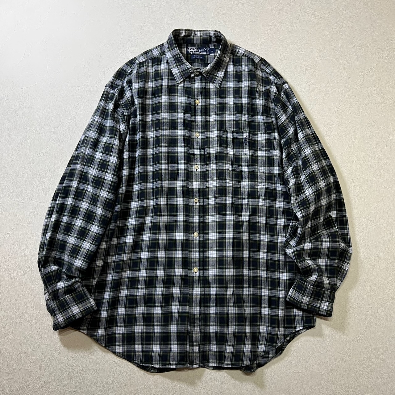 90s Ralph Lauren ELLIOTT タータンチェック 長袖シャツ ラルフローレン エリオット ダークグリーン ホワイト L 古着