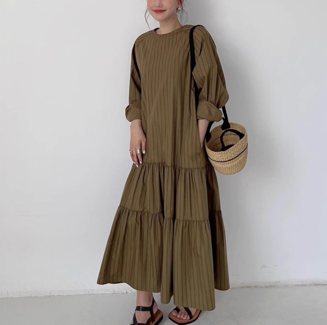 striped pleated tiered dress【2024011604】