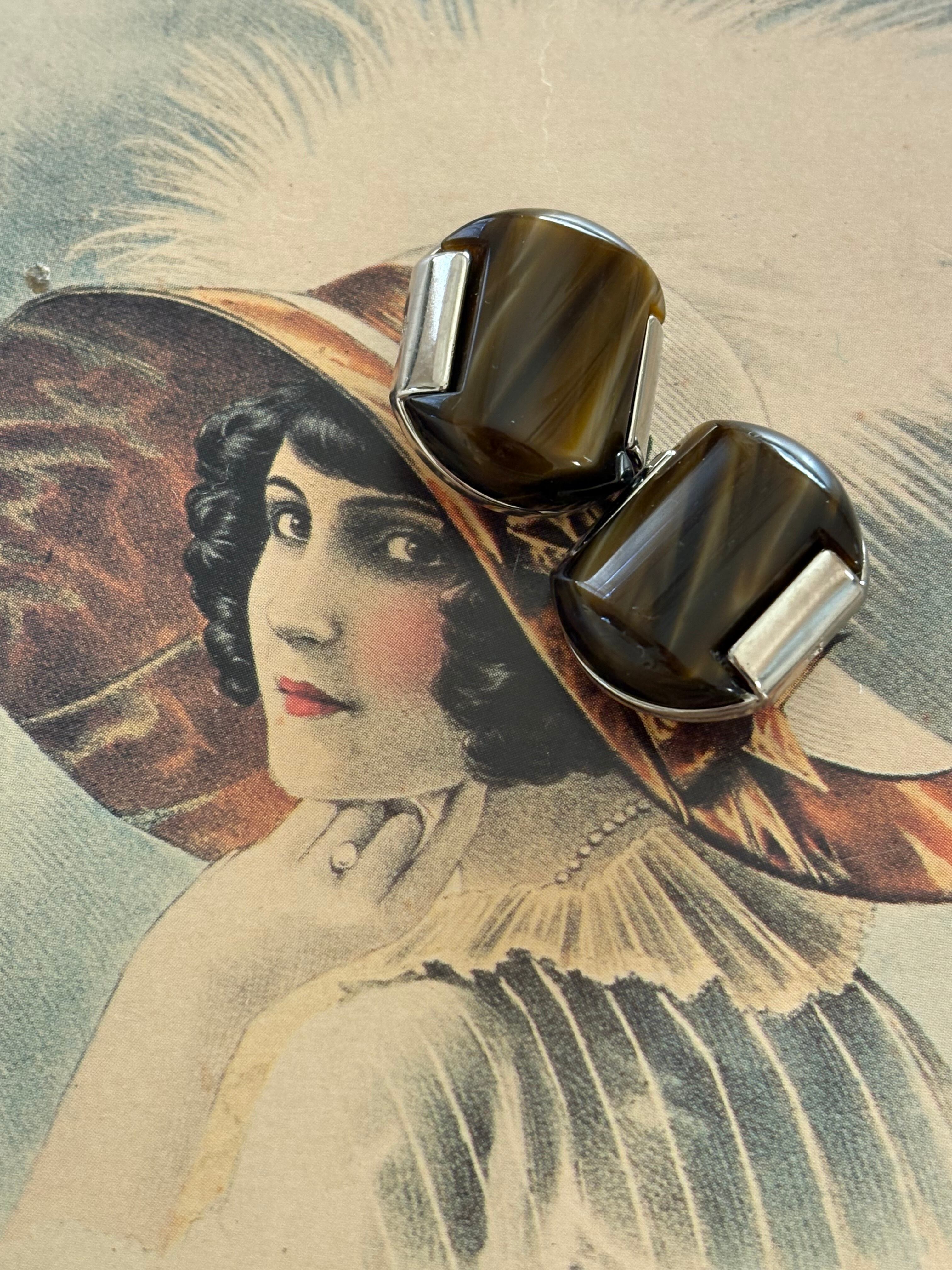 Japanese Vintage ヴィンテージボタン メタル×カボション マーブル調 ダークブラウン 20mm アクセサリーパーツ 装飾材