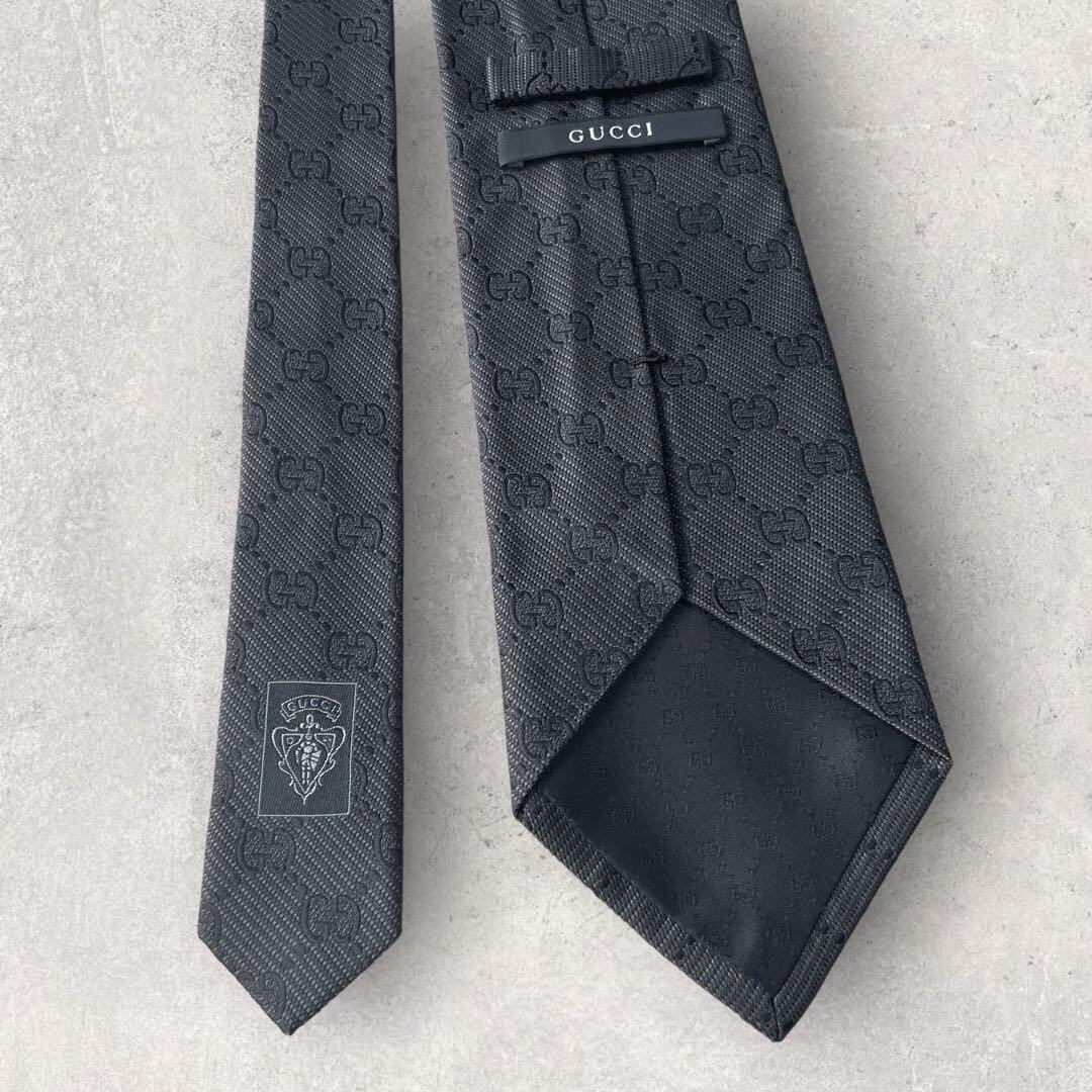 美品 GUCCI グッチ GG柄 ジャガード ネクタイ チャコールグレー シルク