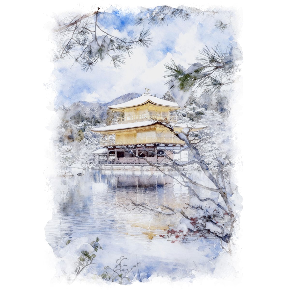 絵画(風景画) 日本 京都府 雪の金閣寺 インテリアアート額付き 水彩画