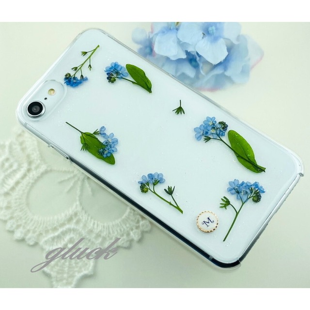 【ほぼ全機種対応スマホケース❁】わすれな草 押し花 スマホケース (オパールラメ入り） iPhone/Xperia/AQUOS/Galaxy