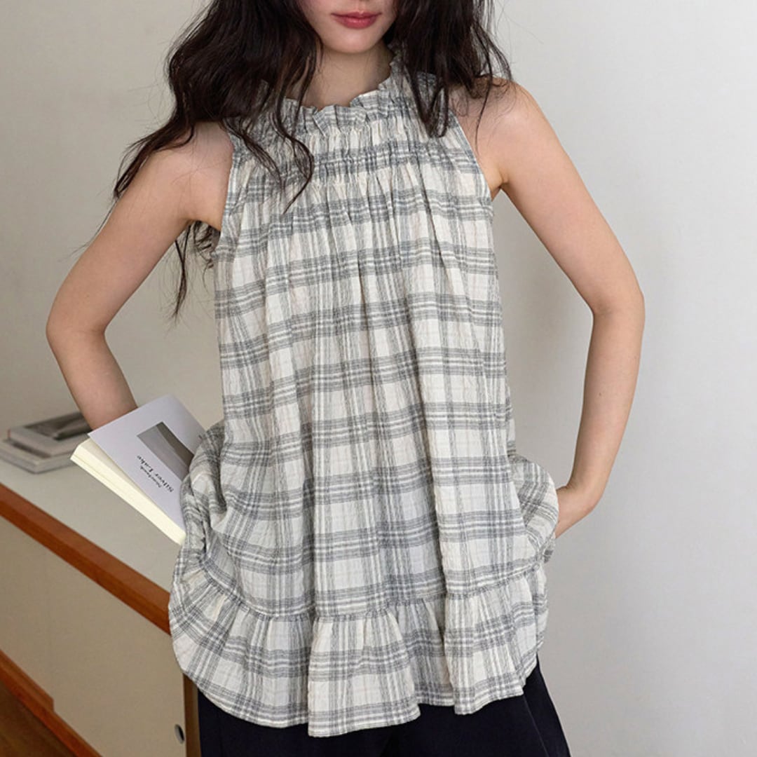 checked frill neck blouse