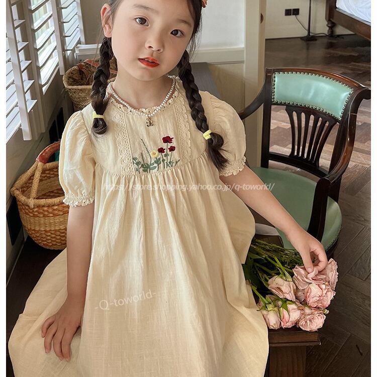 90 150 ワンピース 刺繍 ヴィンテージ カジュアル 韓国版 可愛い 子供服 女の子 Q Toworld キュートワールド 子供服