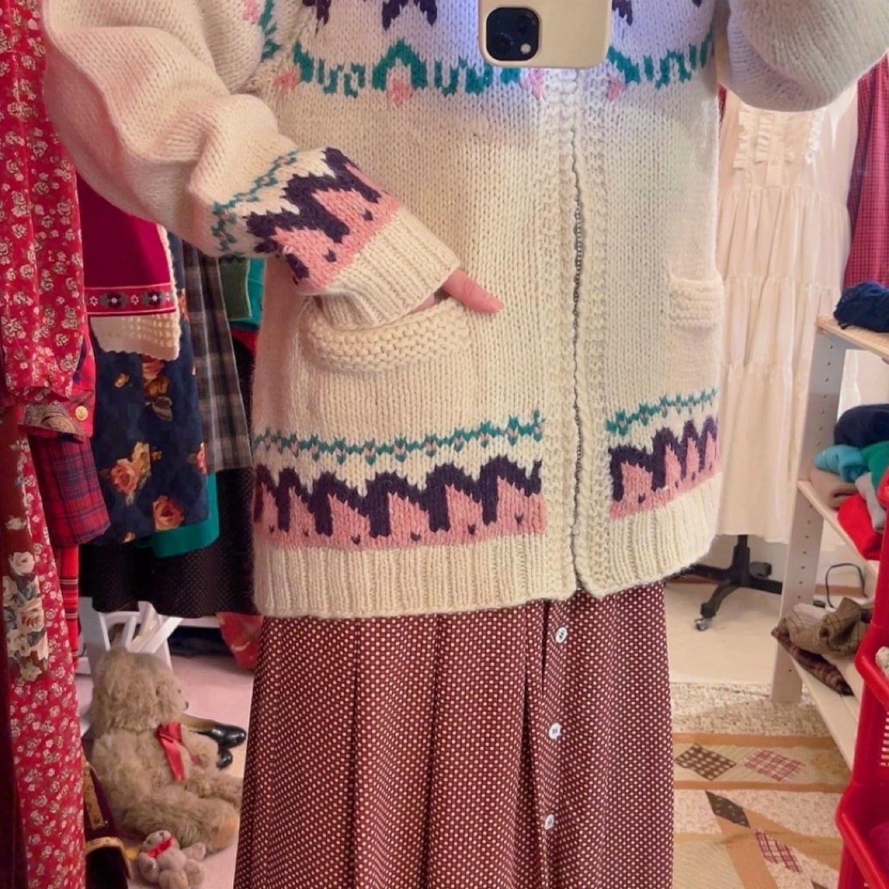 pink purple snowflake zip knit sweater