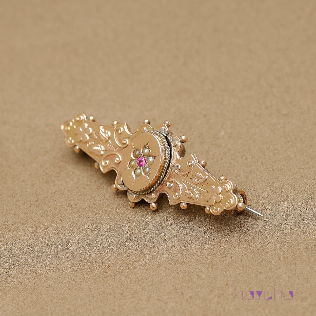 アンティーク 9Kゴールド 合成ルビー シードパール バーブローチ