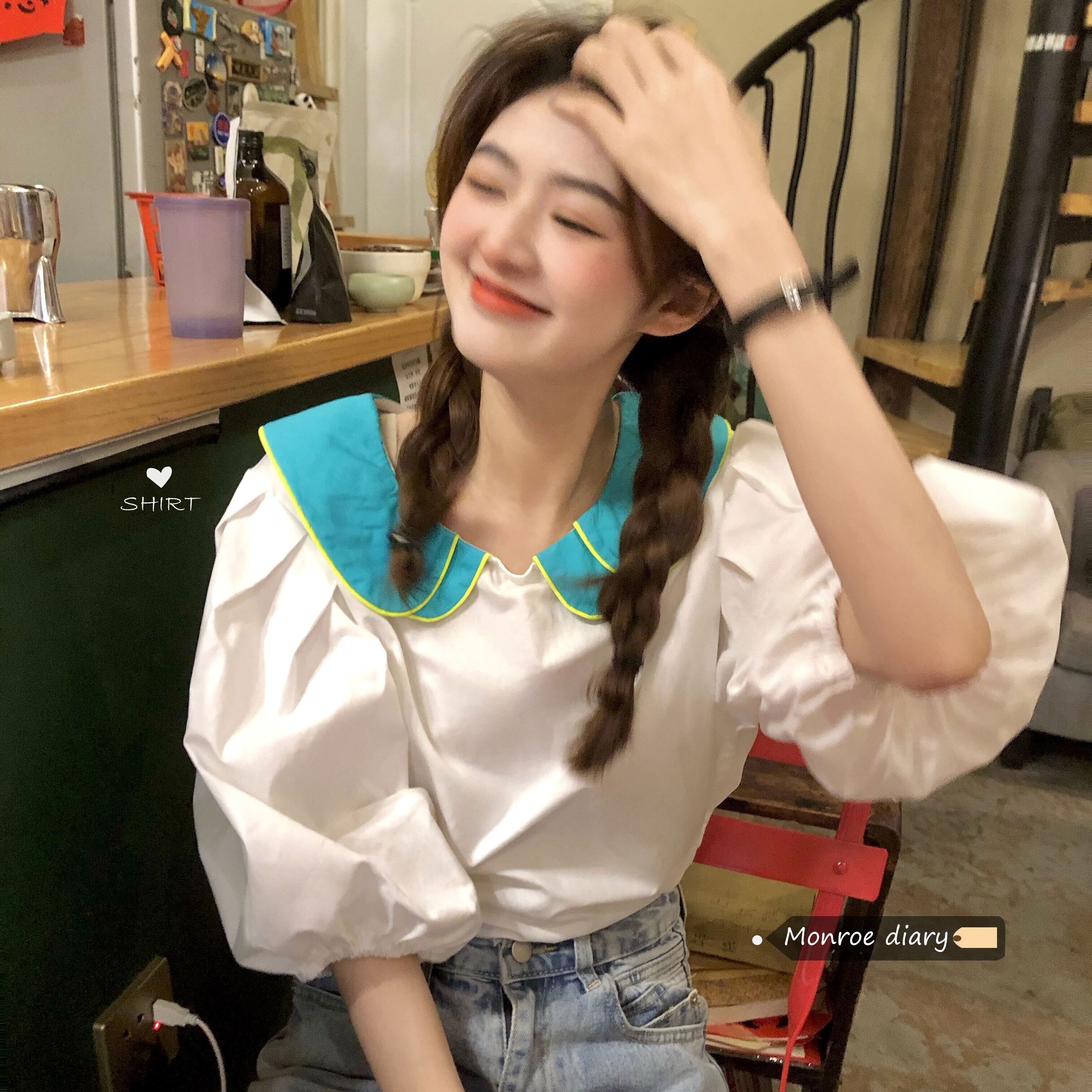 カラーブラウス ホワイトシャツ サマースリーブスタイル 大人ガーリー スウィート キュート カジュアル 夏物 モンロー3352644167