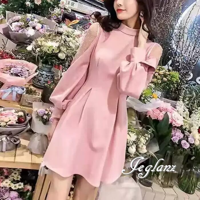 2色 パーティ ドレス ワンピース 水玉 シアー 背中 リボン ♪(MB273)ζ