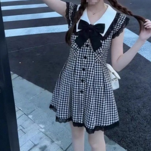 レーストリムチェックリボンシャツワンピ ・78138