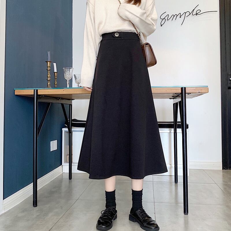 ブラックスカート スプリングオータムAラインハイウェストウェストロング 春物 秋物 試着室75278884793