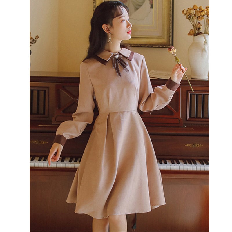 梦媚娇シリーズ】ワンピース 可愛い リボン POLOネック ハイウエスト