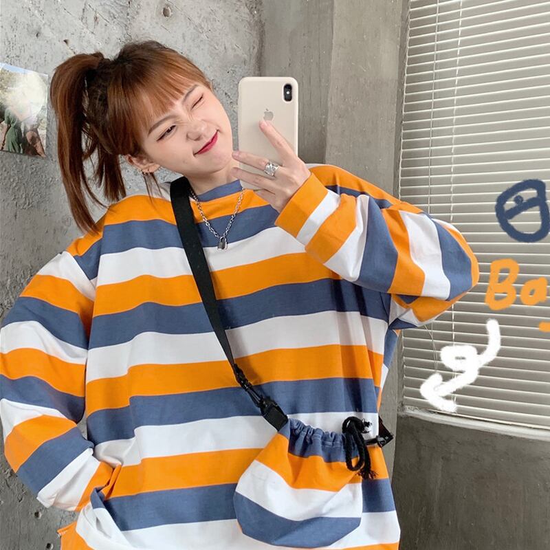 スプリングストライプトップス ラウンドネックプルオーバー ルーズセーター 春物 Oネック YY-ファッション85465145982