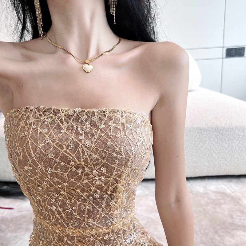 シンプル可愛い✨ひざ丈ドレス an/アン】シースルー バストクロス レース ロングテール ワン