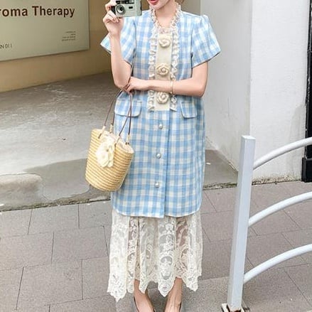 Blue Blossom Lace Layered Dress Set*S-357