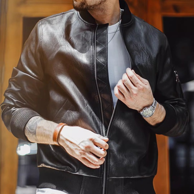 Black MA1 pilot leather jacket(GV176)