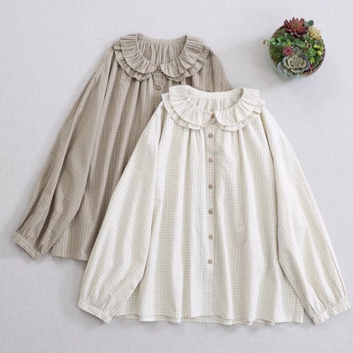 2色／フリルカラーチェック柄ブラウス ・10400