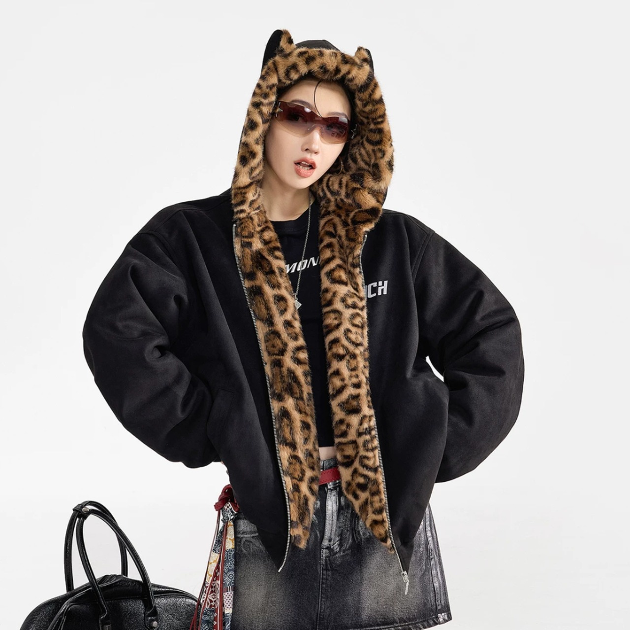 Women's Padded Coat with Leopard-Print Fur(ME498)