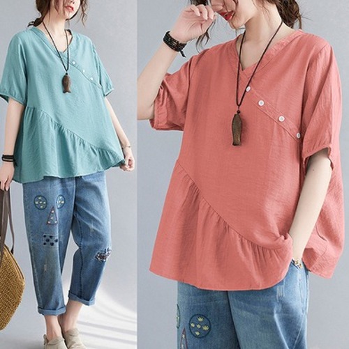 【春夏新作】ファッションＴシャツ♪ライトアカ/グリーン2色展開◆
