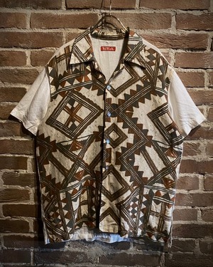 【Caka act3】"REPLAY" Ethnic Pattern Swiching Design S/S Linen Shirt