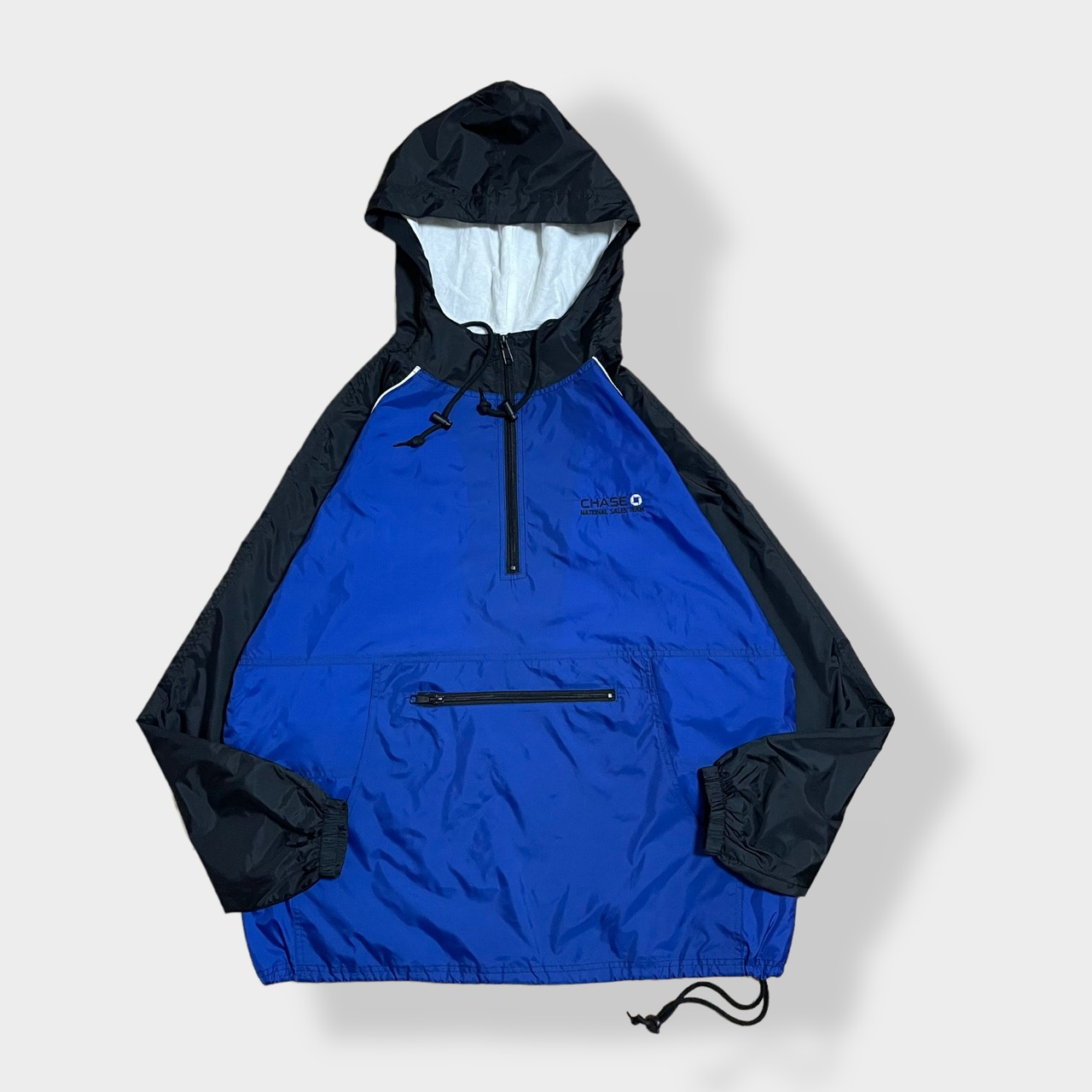 【SPORT-TEK】企業系 CHASE チェース銀行 ナイロンジャケット アノラックパーカー プルオーバー ウィンドウブレーカー ジャケット ハーフジップ ワンポイント 刺繍ロゴ フーディー ビッグシルエット ライトアウター 切替 春物 ラグラン us古着