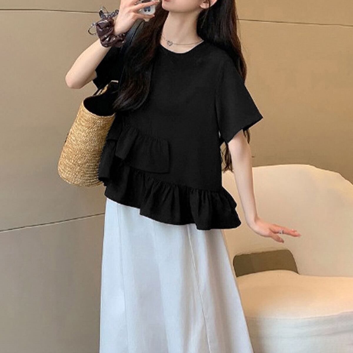 Tシャツ 半袖 レディース 春夏秋 韓国 フリルTシャツ きれいめ 大人 かわいい おしゃれ ペプラム アシンメトリー 裾フレア 大人可愛い 大人女子