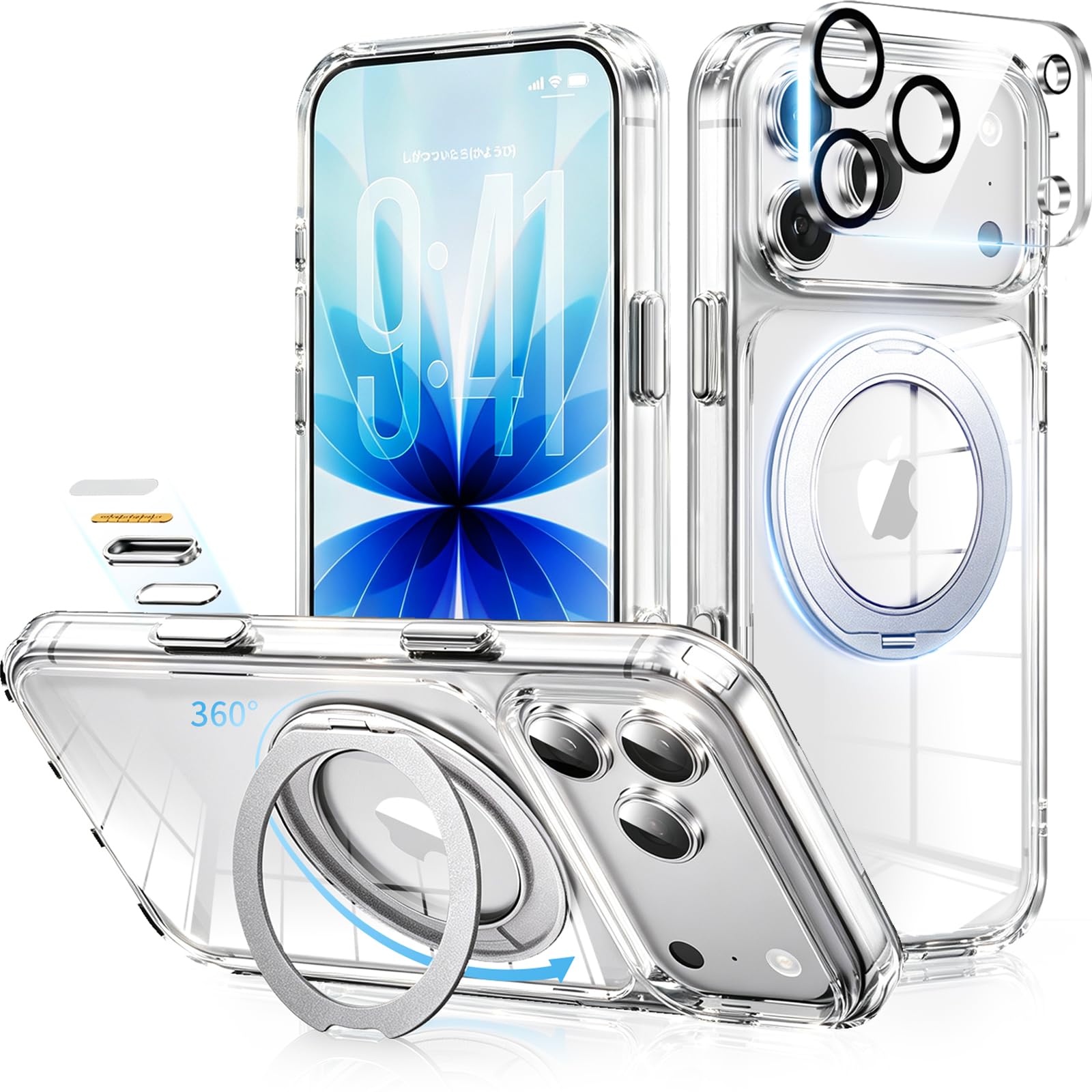 【高透過レンズフィルム・撮影ボタン保護】iPhone 18 Pro Max 用 ケース 全面保護 MagSafeアクセサリー対応 ワイヤレス充電可能 360°回転スタンド 縦横両用 あいふぉん18 Pro Max ケース 耐衝撃 米軍規格 N52強力マグネット 黄ばみ防止クリア背面パネル ソフトバンパー 四隅エアクッション アイフォン18 プロ マックス カバー ストラップホール付き
