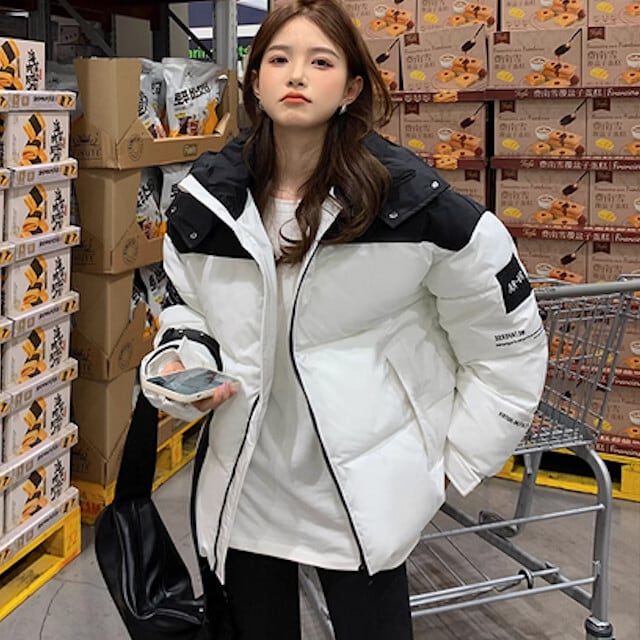 ダウン レディース アウター フード付き バイカラー ロゴ 配色