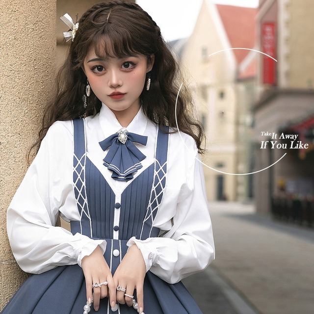 【即納Ｍ】量産型クラロリ 控えめ ブラウス Vネックリボンタイ 長袖 パフスリーブ 制服ロリータ