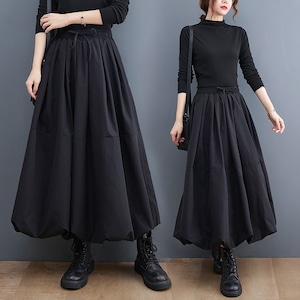 BLACK DRAWSTRING WAIST LONG BALLOON SKIRT 1color M-4359