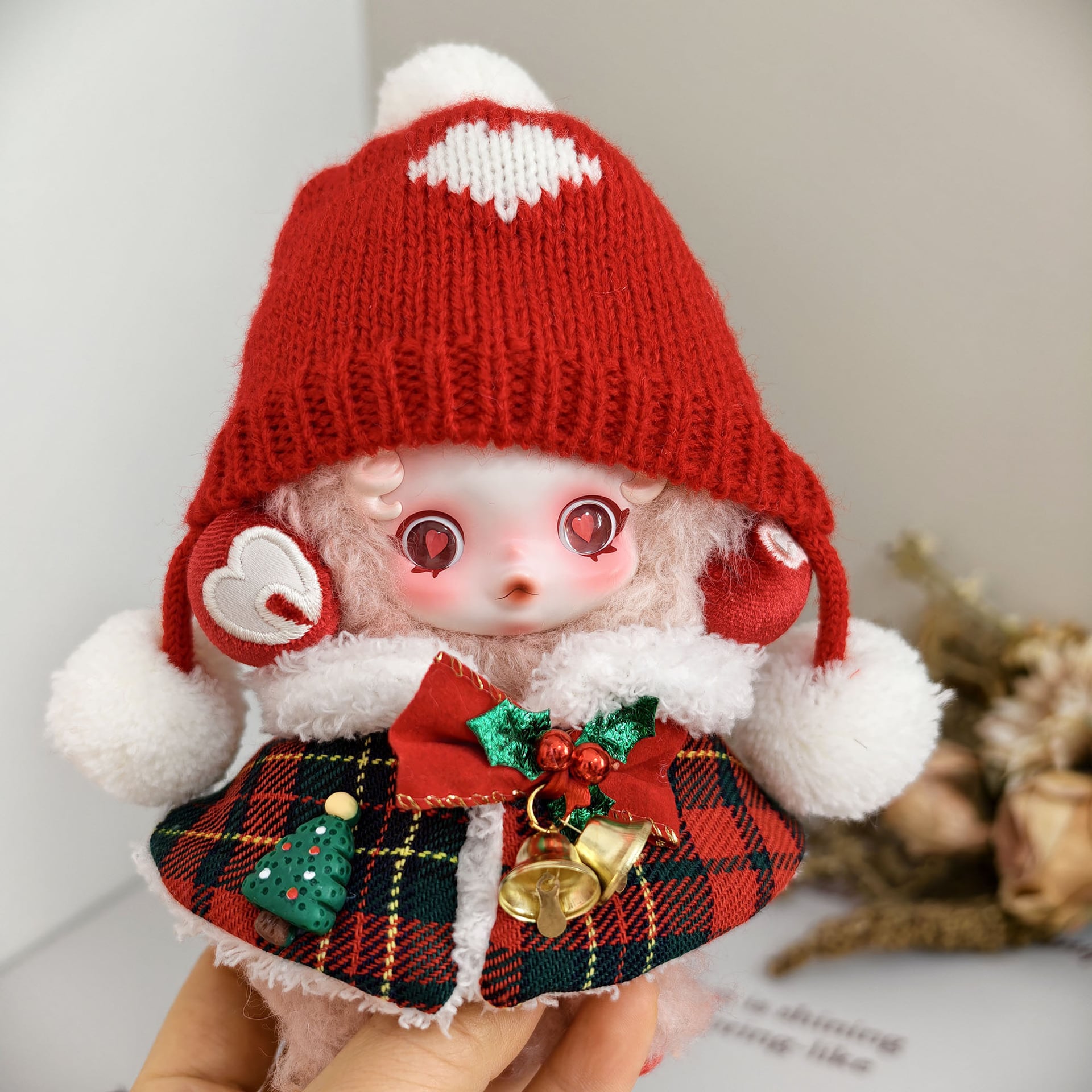 SKULLPANDAぬいぐるみ用 クリスマス チェック柄ケープ+ニット帽 着せ