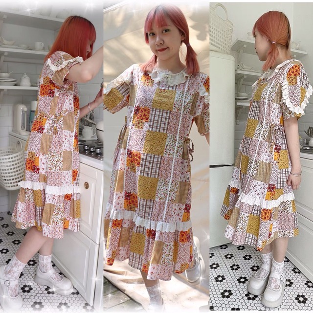 ワンピース 古着 パッチワーク カジュアル 原宿 ワンピース 赤 黒 チェック パール アクセサリー リボン 可愛い 姫 ロリータ タンクトップ ワンピース ブラウス 緑 チェック ワンピース ベージュ 花柄 ワンピース ゆったり 可愛い ガーリー 姫 リボン 花柄 フラワー