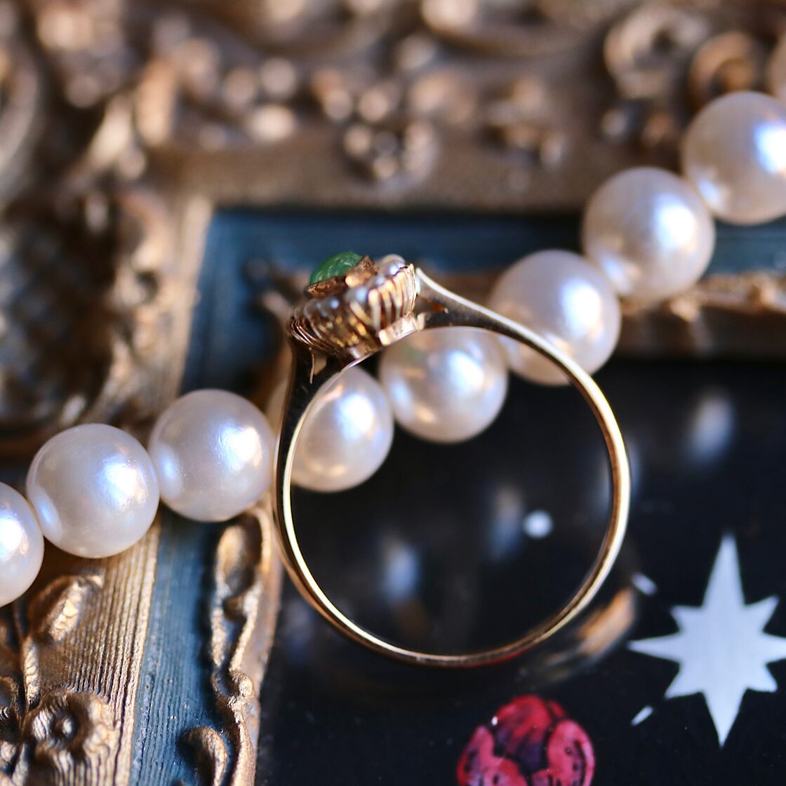 貴重】 K18 翡翠 芥子パール取り巻き アンティークリング | Pay ID 