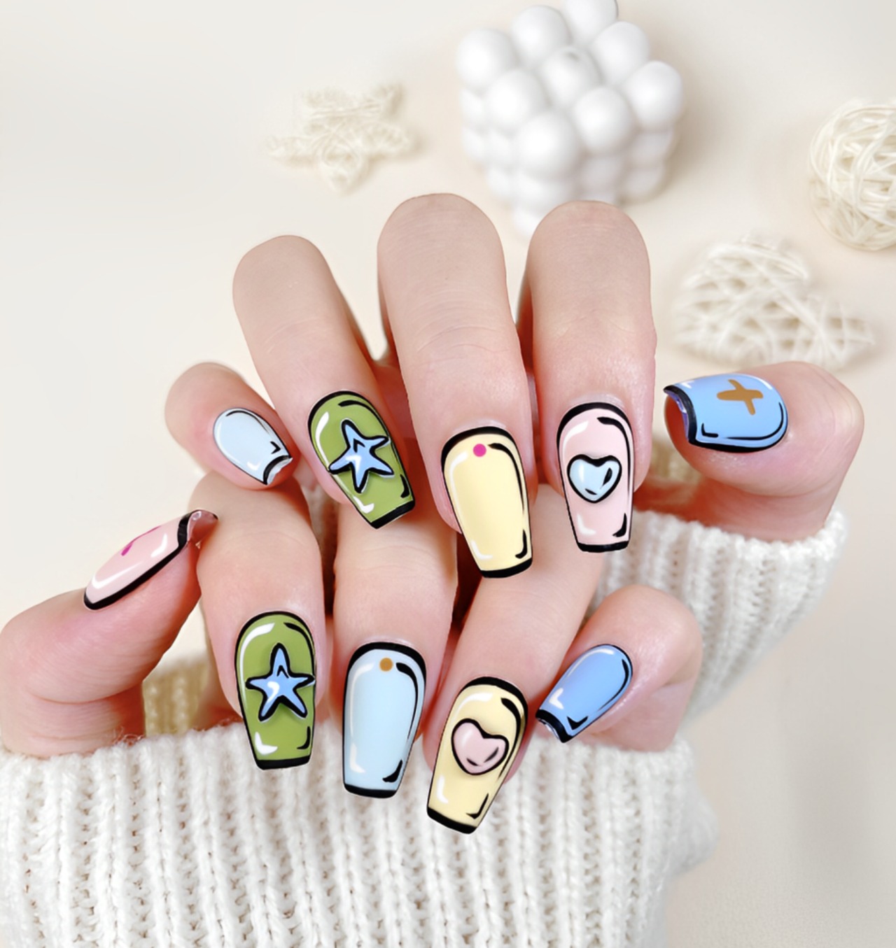 kネイルチップ カラフル ポップ ハート スター コミック 個性的 ［PM003］ | 【PLUM