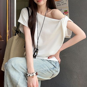 オフショルダー Tシャツ 半袖 ワンショルトップス レディース カットソー アシンメトリー 肩出し プルオーバー 無地 春夏 韓国 ストリート ギャザー 体型カバー 華奢見え [LS-CGT112]