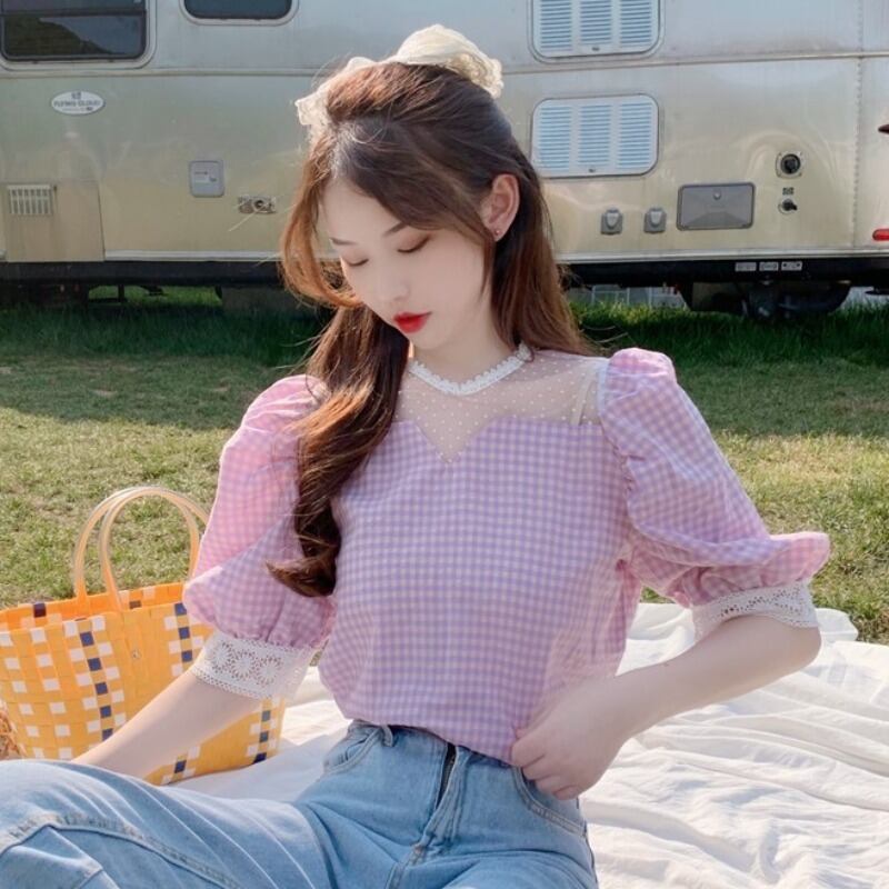 メッシュスリーブ格子柄シャツ レディースサマー 夏物 パープル ステッチ YY-ファッション18652784072