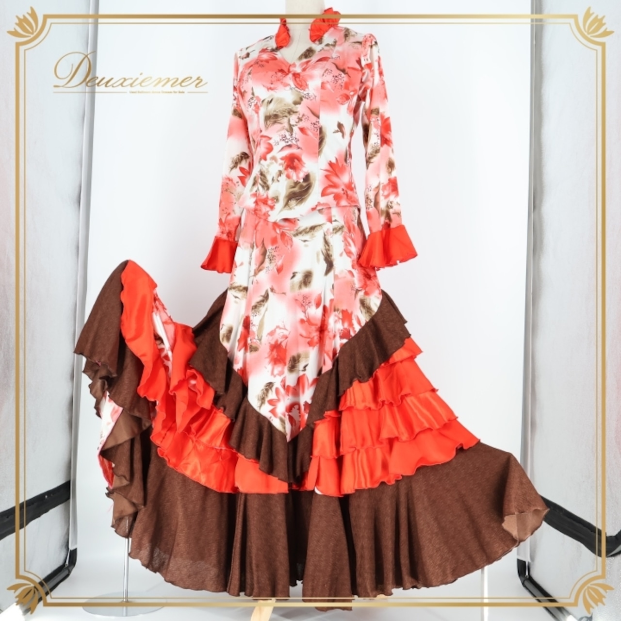 フラメンコ 衣装 トップス ブラウス ファルダ スカート セットアップ ツーピース 花柄 フリル レース ボランテ ダンス パーティ 発表会 光沢 ピンク系 レッド系 ホワイト系 おしゃれ フェスティバルイベント