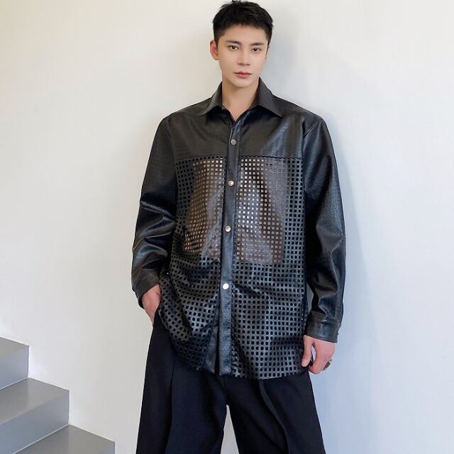 【予約販売】シャツ 長袖 シンプル 無地 レザー 肌見せ シアー ベーシック モノトーン オーバーサイズ メンズ 黒 ブラック カジュアル シック こなれ感 お洒落 結婚式 パーティー 韓国 トレンド 春 秋 M/L/XL