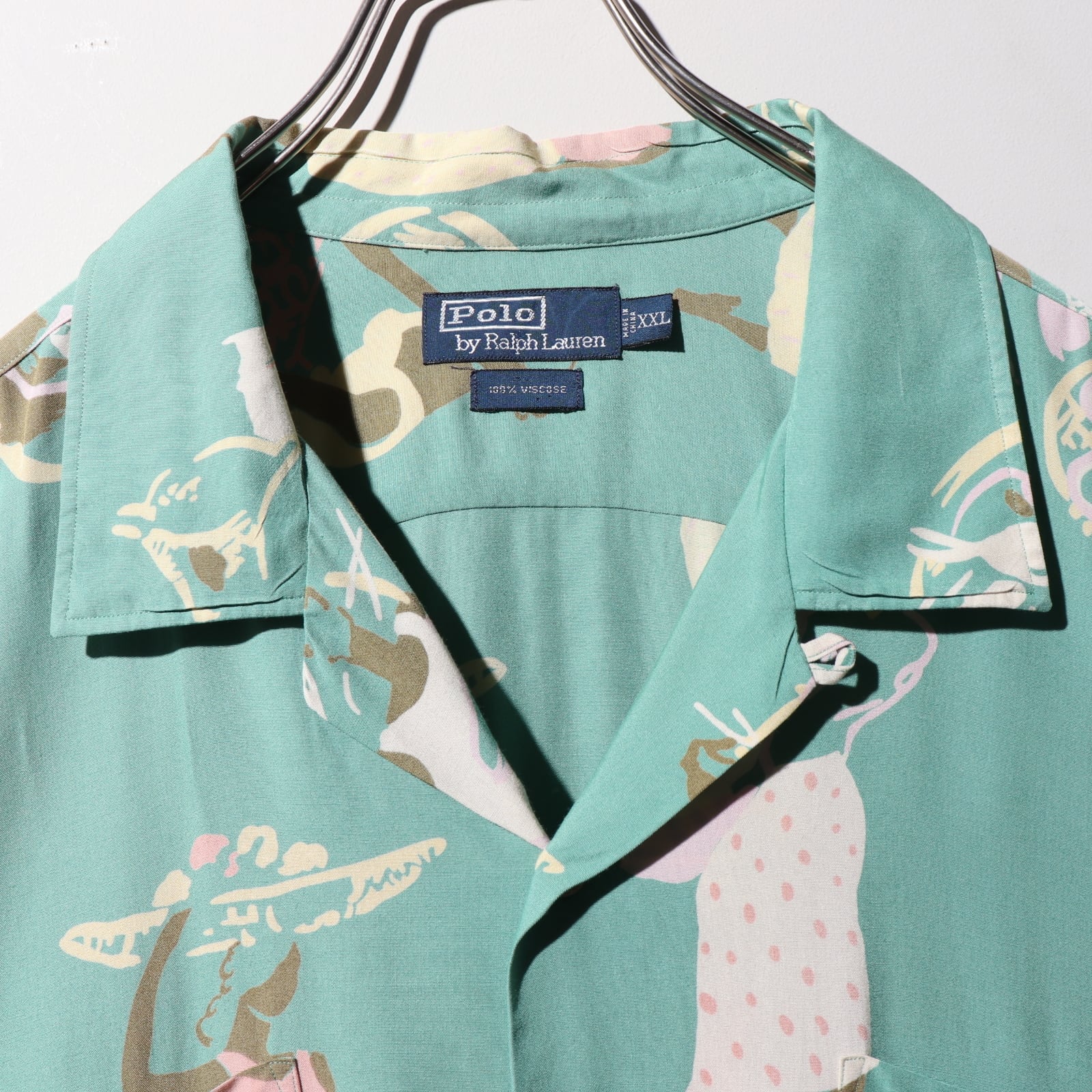 稀少 Mint Condition 2XL レーヨン 黒人 総柄 ミントグリーン ポロ