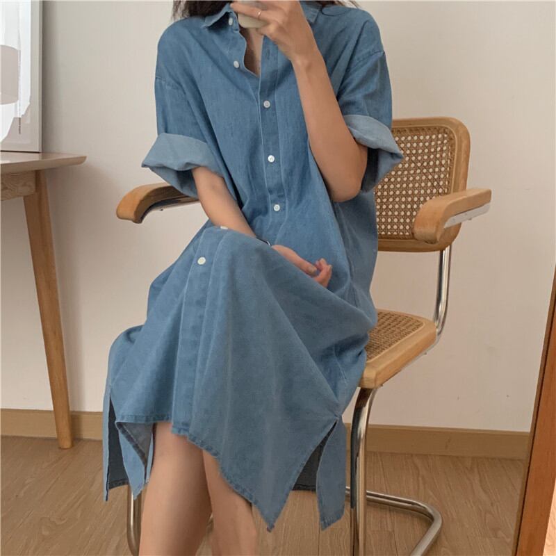 ワンピース デニム シャツワンピース ロング丈 レディース 半袖 着回し スタイリッシュ