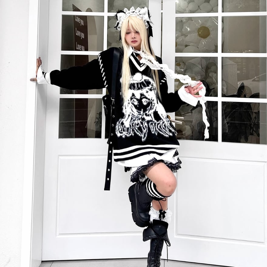 サブカル 服 地雷系 通販 ニット セーター Vネック 闇かわいい かっこいい ストリート系