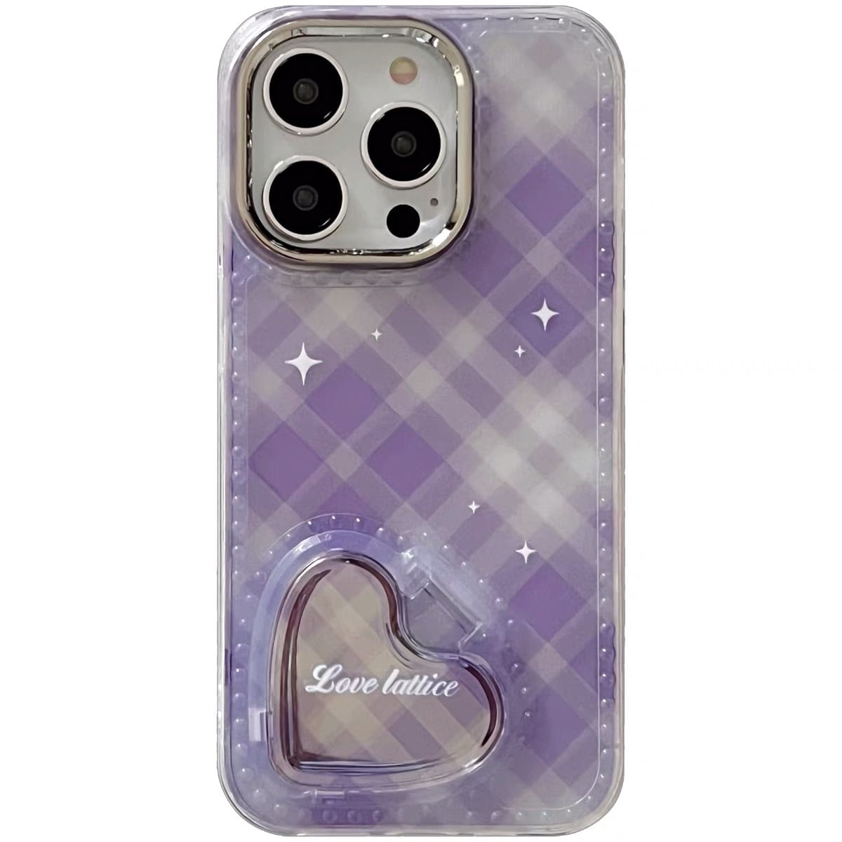 iPhoneケース iPhone14 iPhone13 ミラー チェック ハート 紫