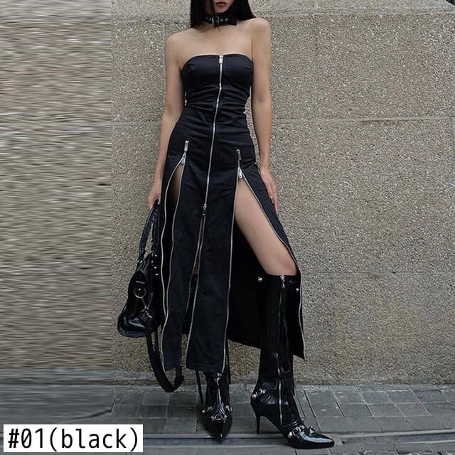 【Marchesa Notte】ミディドレス ストラップレス タイト 黒 送料無料 ゴスダーク Techwear ジップアップミディドレス