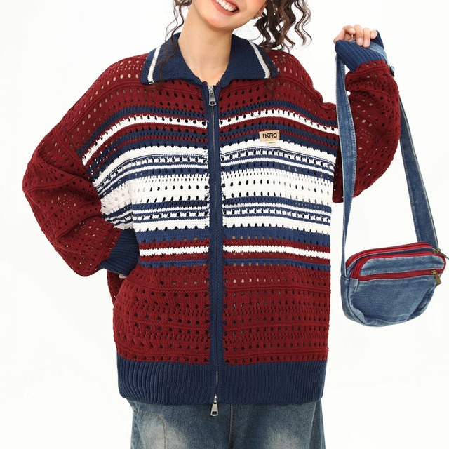 border mesh zipper knit　ボーダー切替メッシュジッパーニット　J1538