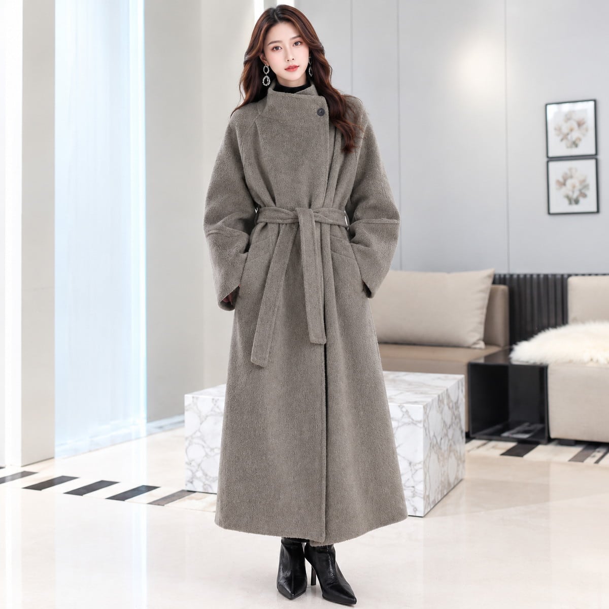 Single Button Belted Long Coat(2color) V3876