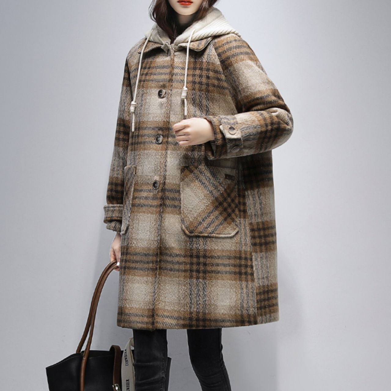 チェック柄×フード付き あったか中綿ミディ丈コート Ln00435