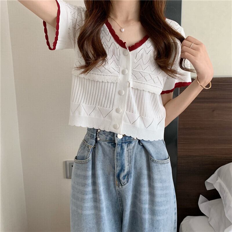 スタンダードVネックカラールーズニットカーディガンサマーショートシャツ レトロ 夏物 ガールズファッション80833910255