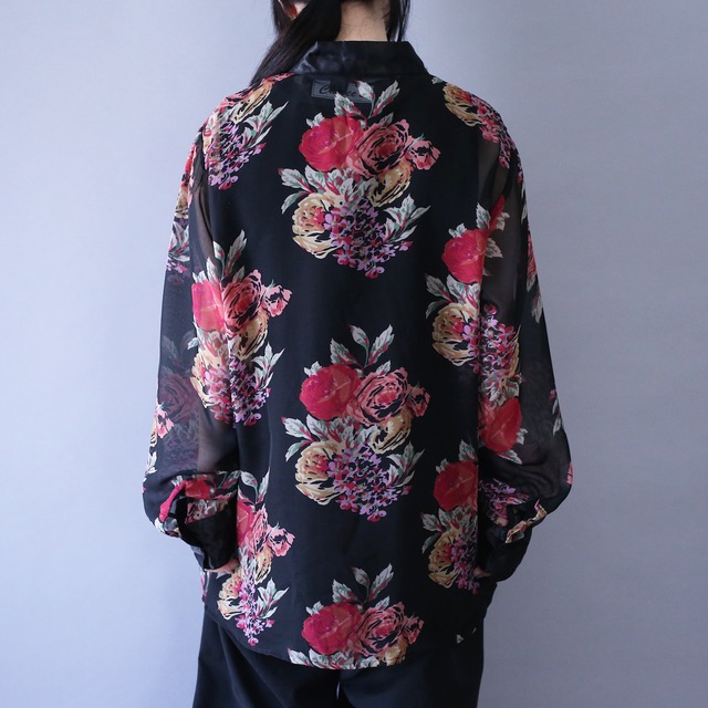 satin fabric switching design flower pattern see-through shirt